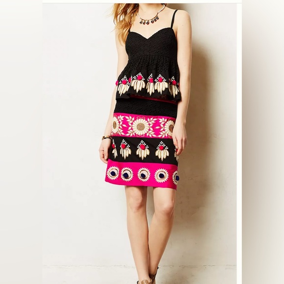 Anthropologie Leifsdottir Catrina Embroidered Embellished Pom Pom Pencil Skirt - Picture 3 of 10